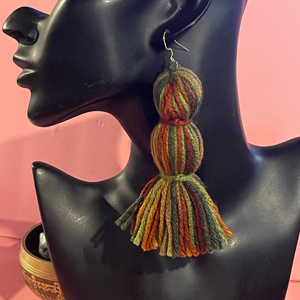 NEW Pom-Pom Bohemian Crochet Tassel Fall Brown BOHO army green handmade earrings